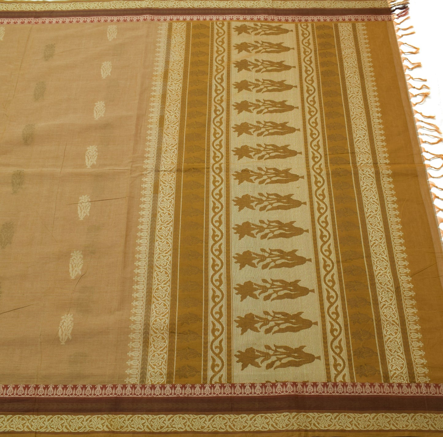 Sushila Vintage Brown Saree 100% Pure Cotton Floral Woven Indian 5YD Sari Fabric