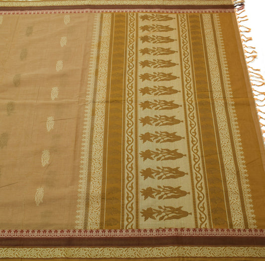 Sushila Vintage Brown Saree 100% Pure Cotton Floral Woven Indian 5YD Sari Fabric