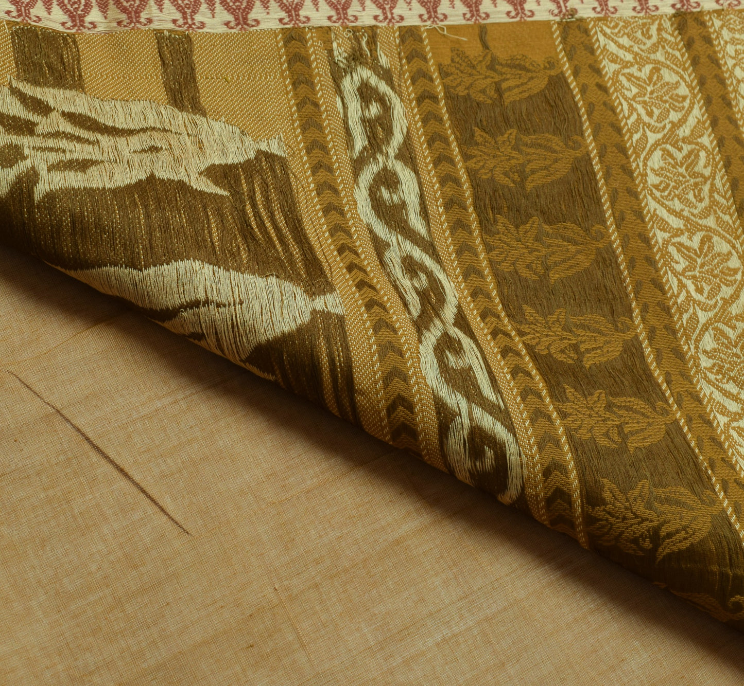 Sushila Vintage Brown Saree 100% Pure Cotton Floral Woven Indian 5YD Sari Fabric