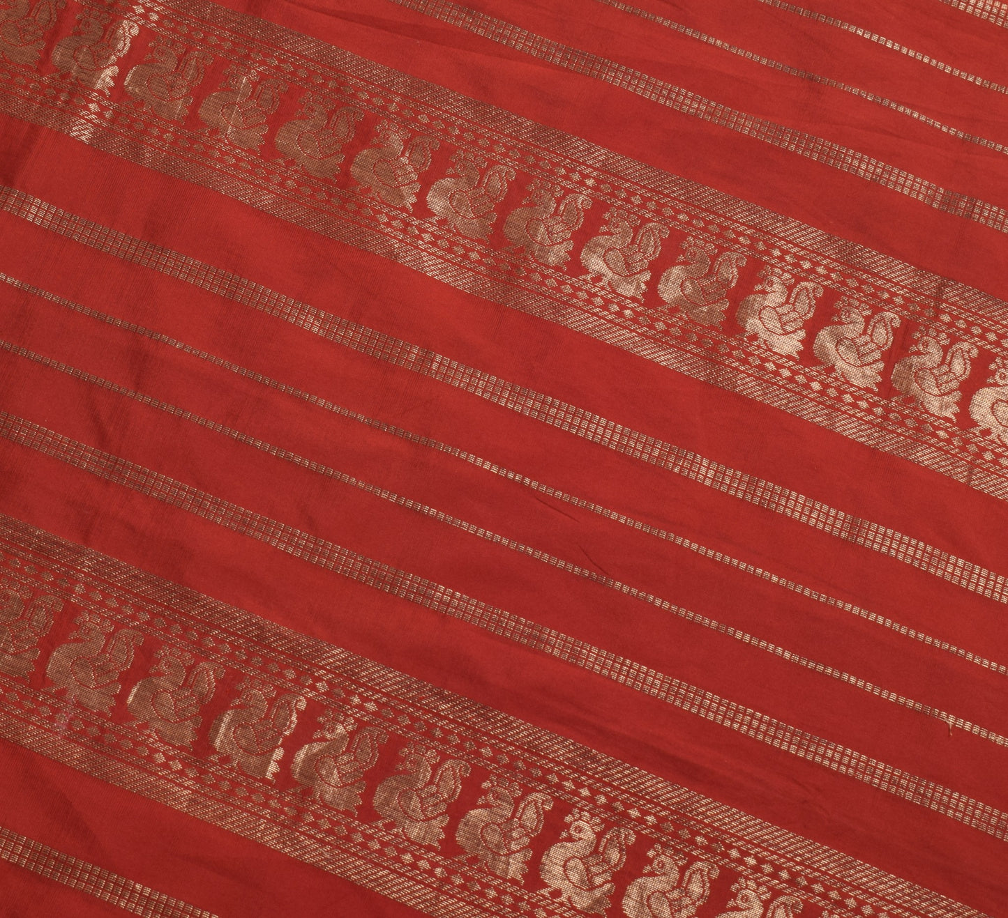 Sushila Vintage Red Saree With Gold Peacock Zari Broder Art Silk Sari Fabric