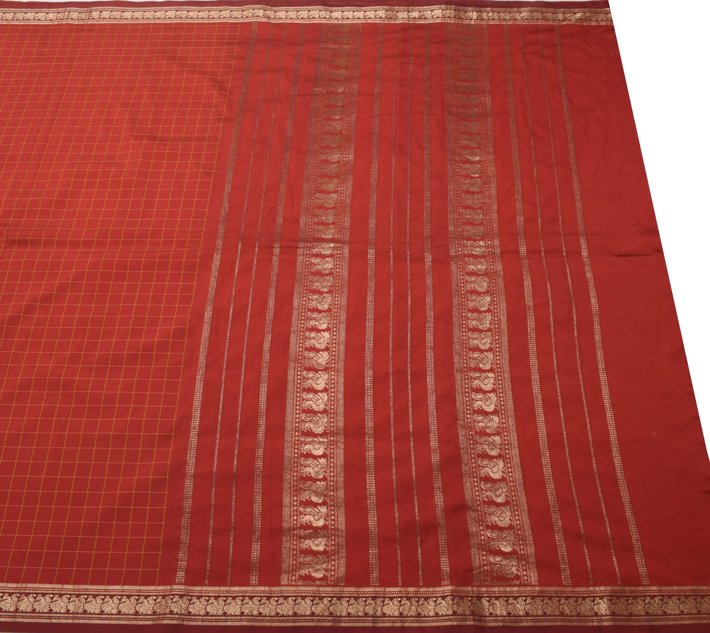 Sushila Vintage Red Saree With Gold Peacock Zari Broder Art Silk Sari Fabric