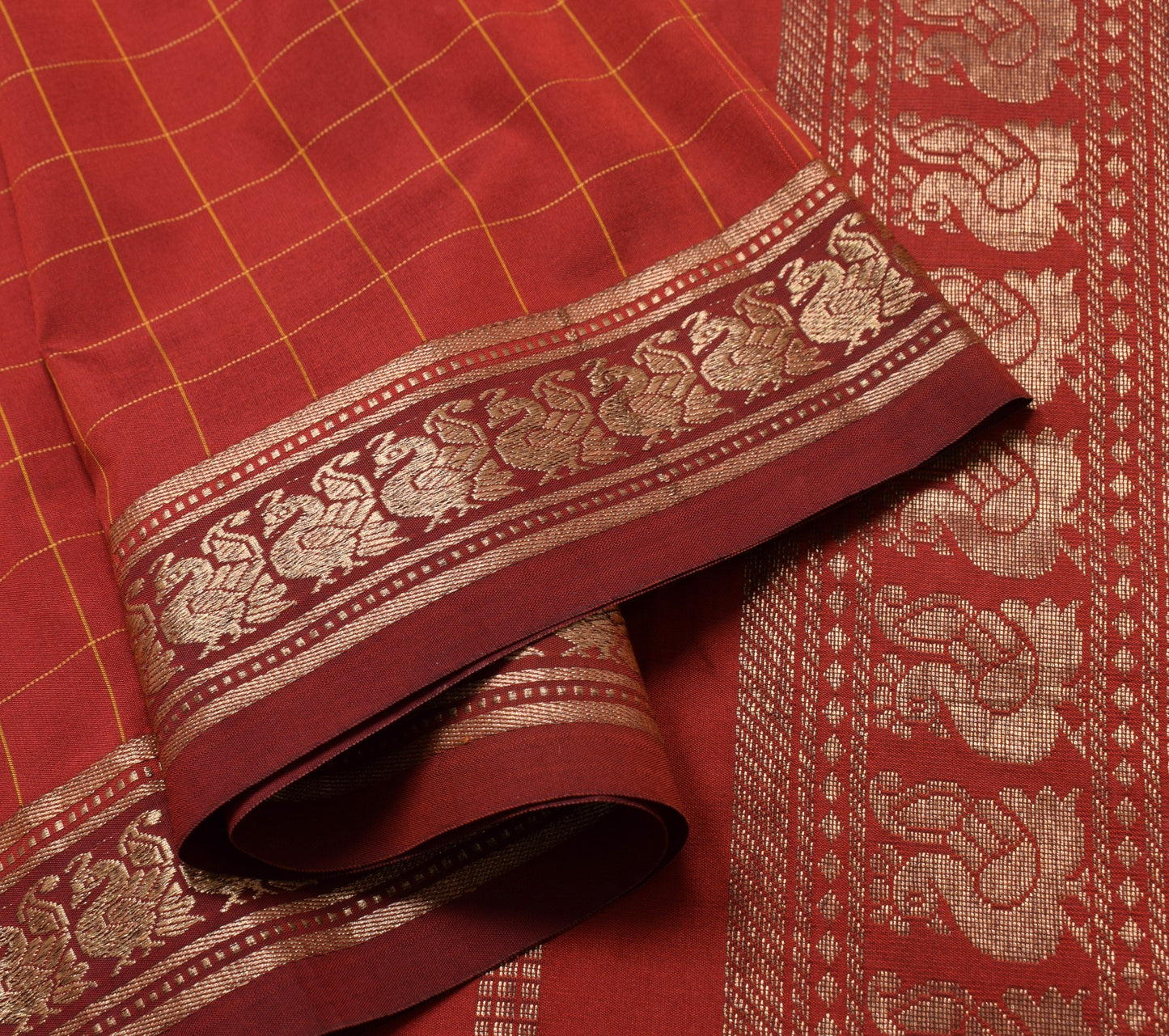 Sushila Vintage Red Saree With Gold Peacock Zari Broder Art Silk Sari Fabric