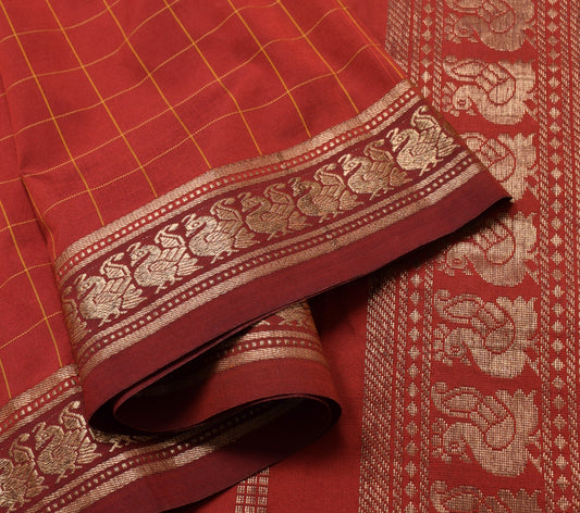 Sushila Vintage Red Saree With Gold Peacock Zari Broder Art Silk Sari Fabric