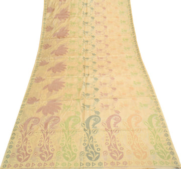 Sushila Vintage Cream Floral Saree Pure Tussar Silk Woven Soft Sari Craft Fabric
