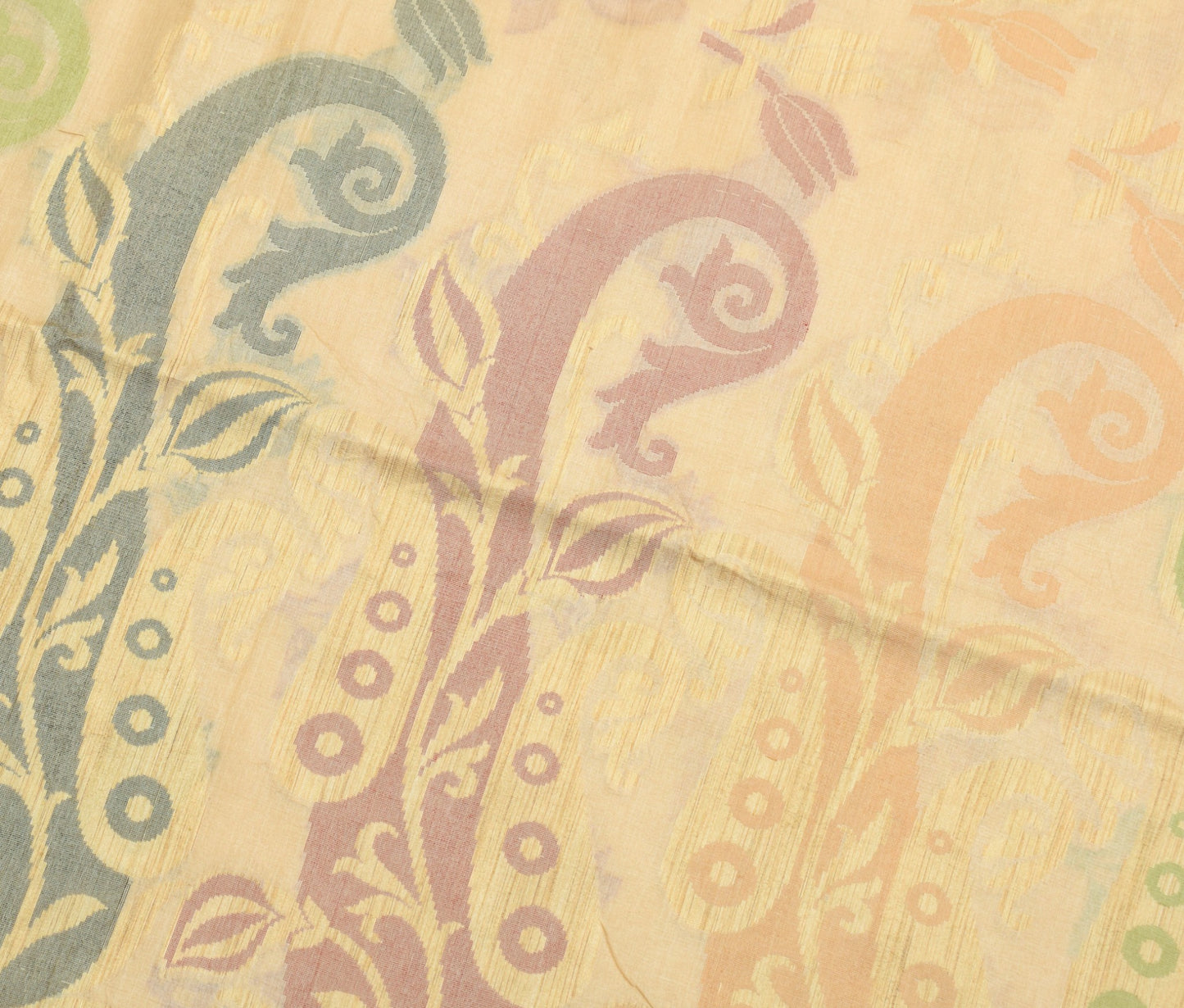 Sushila Vintage Cream Floral Saree Pure Tussar Silk Woven Soft Sari Craft Fabric