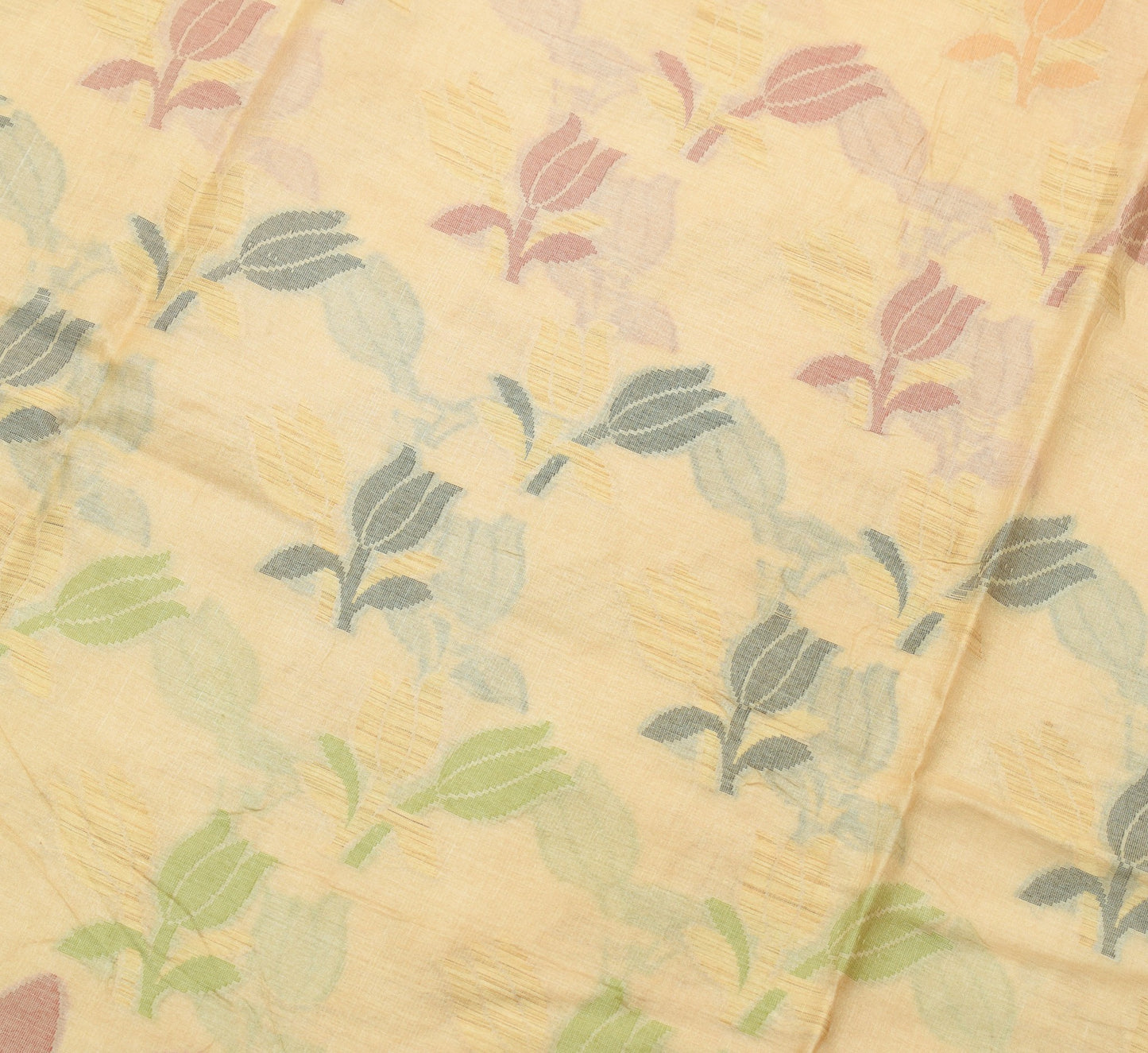 Sushila Vintage Cream Floral Saree Pure Tussar Silk Woven Soft Sari Craft Fabric