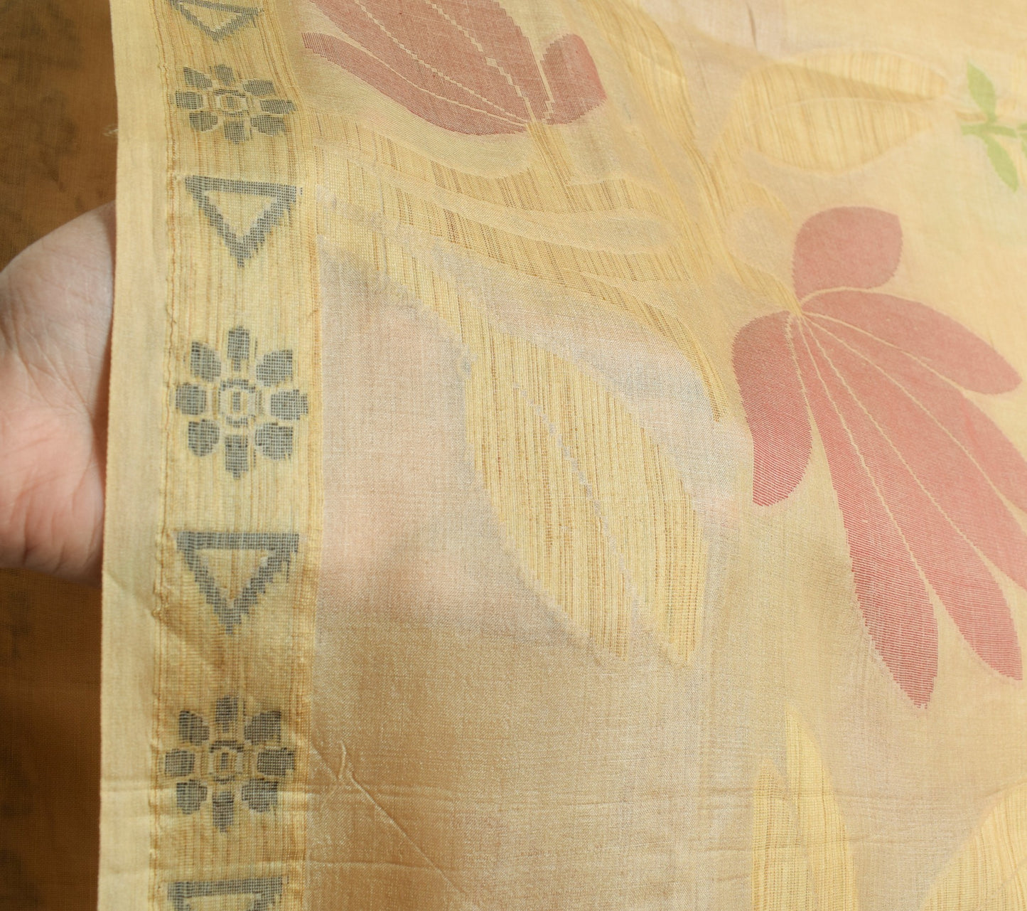 Sushila Vintage Cream Floral Saree Pure Tussar Silk Woven Soft Sari Craft Fabric