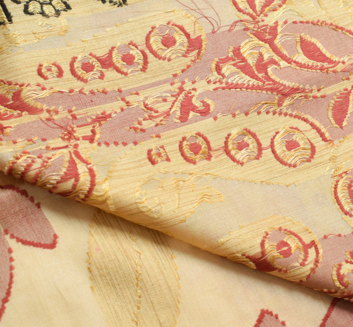Sushila Vintage Cream Floral Saree Pure Tussar Silk Woven Soft Sari Craft Fabric