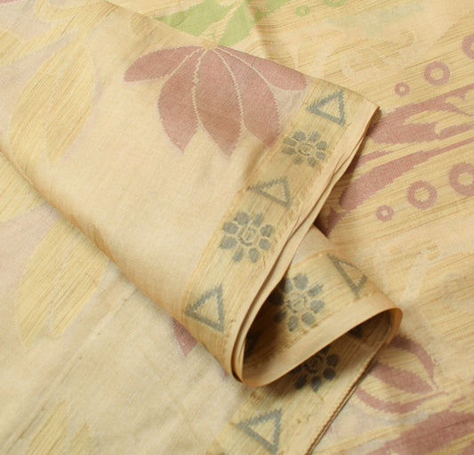 Sushila Vintage Cream Floral Saree Pure Tussar Silk Woven Soft Sari Craft Fabric