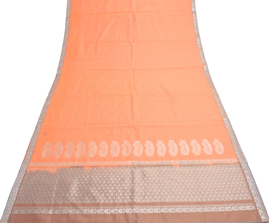 Sushila Vintage Orange Saree 100% Pure Cotton Silk Zari Woven Indian Sari Fabric