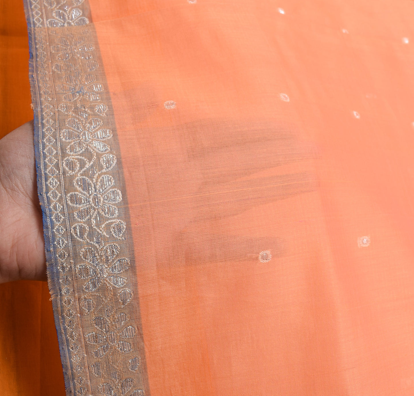 Sushila Vintage Orange Saree 100% Pure Cotton Silk Zari Woven Indian Sari Fabric