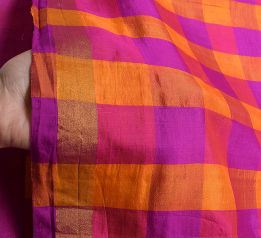 Sushila Vintage Kanchipuram Pure Silk Saree Multi-Color Checks Woven Sari Fabric