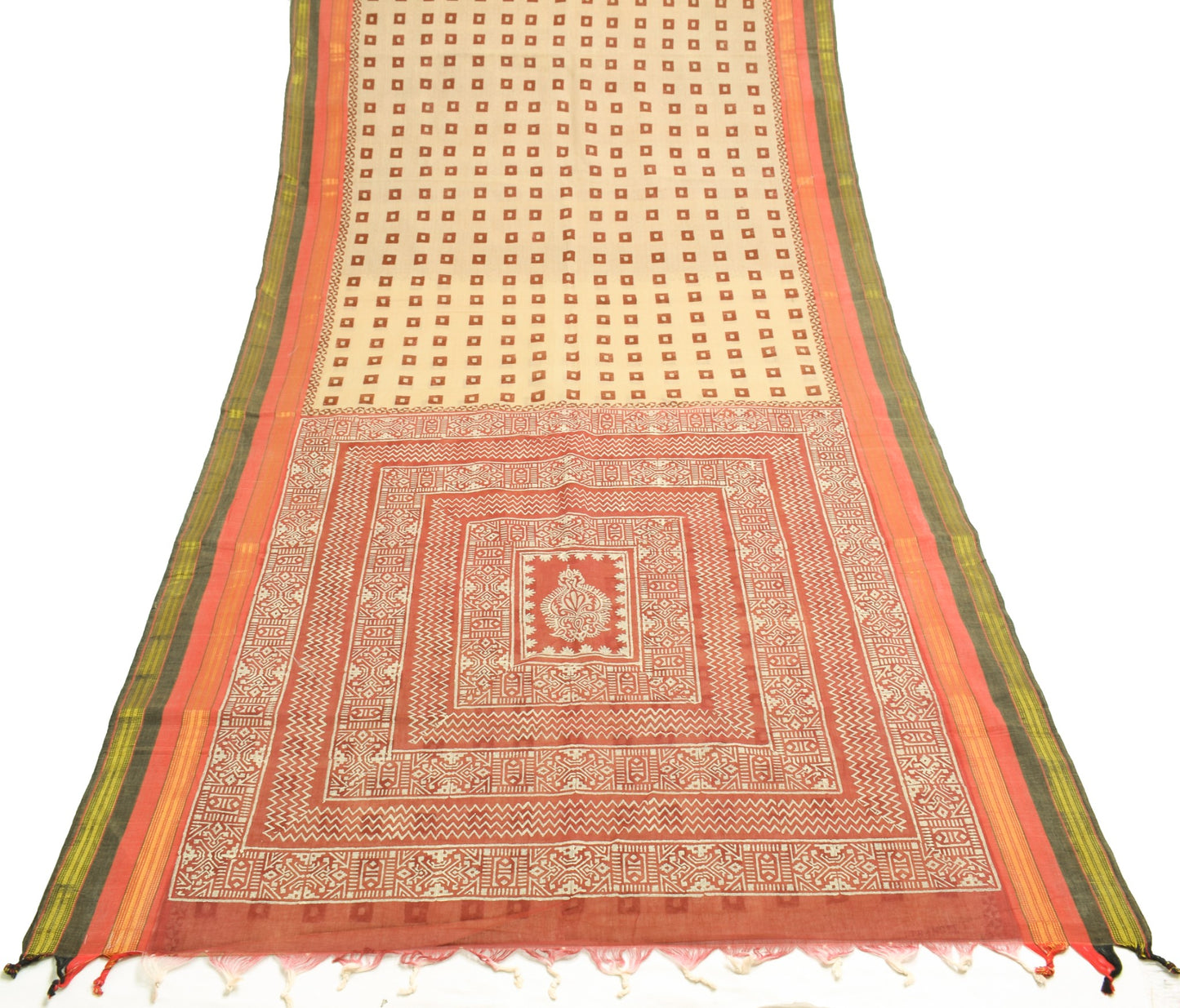 Sushila Vintage Cream Saree Pure Cotton Hand Block Printed & Woven Sari Fabric