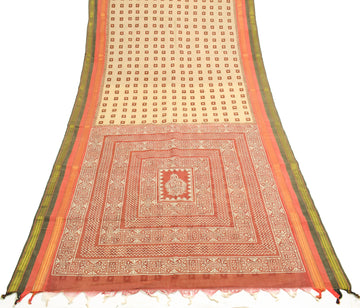 Sushila Vintage Cream Saree Pure Cotton Hand Block Printed & Woven Sari Fabric