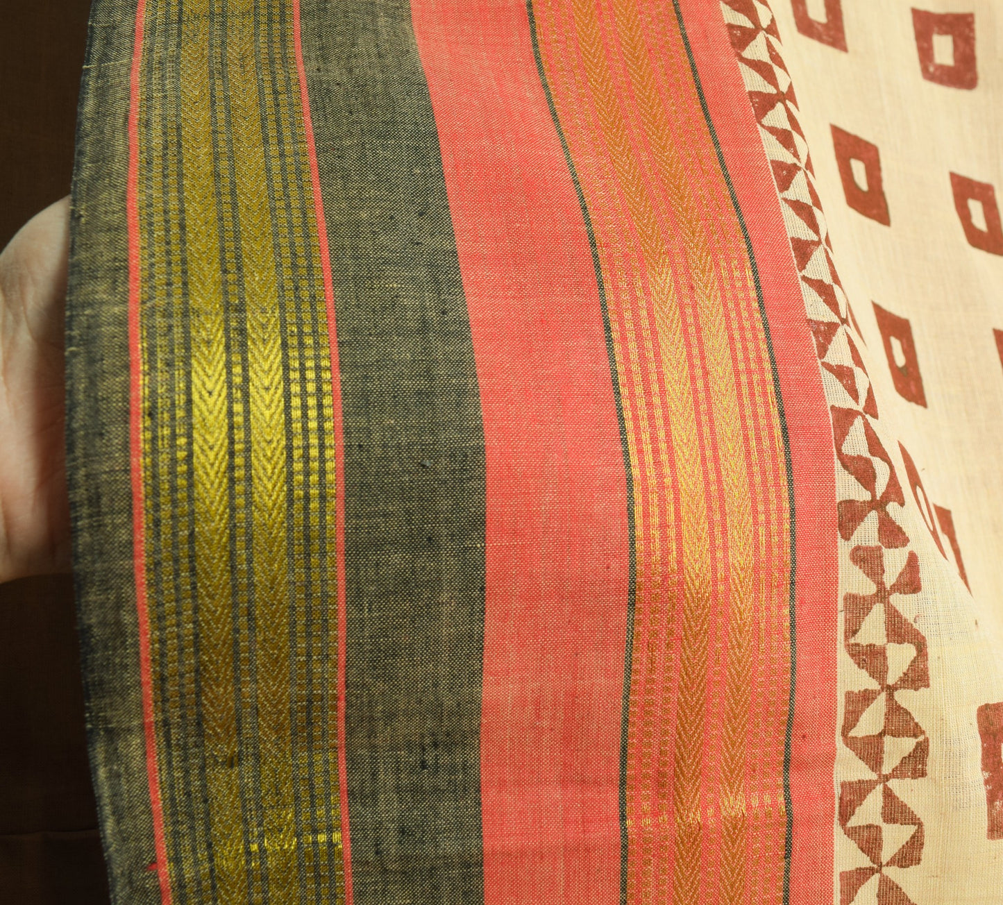 Sushila Vintage Cream Saree Pure Cotton Hand Block Printed & Woven Sari Fabric