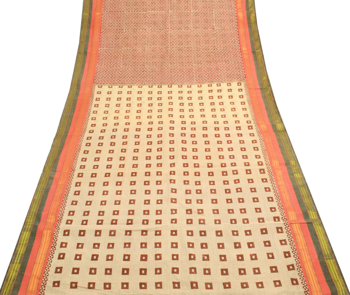 Sushila Vintage Cream Saree Pure Cotton Hand Block Printed & Woven Sari Fabric