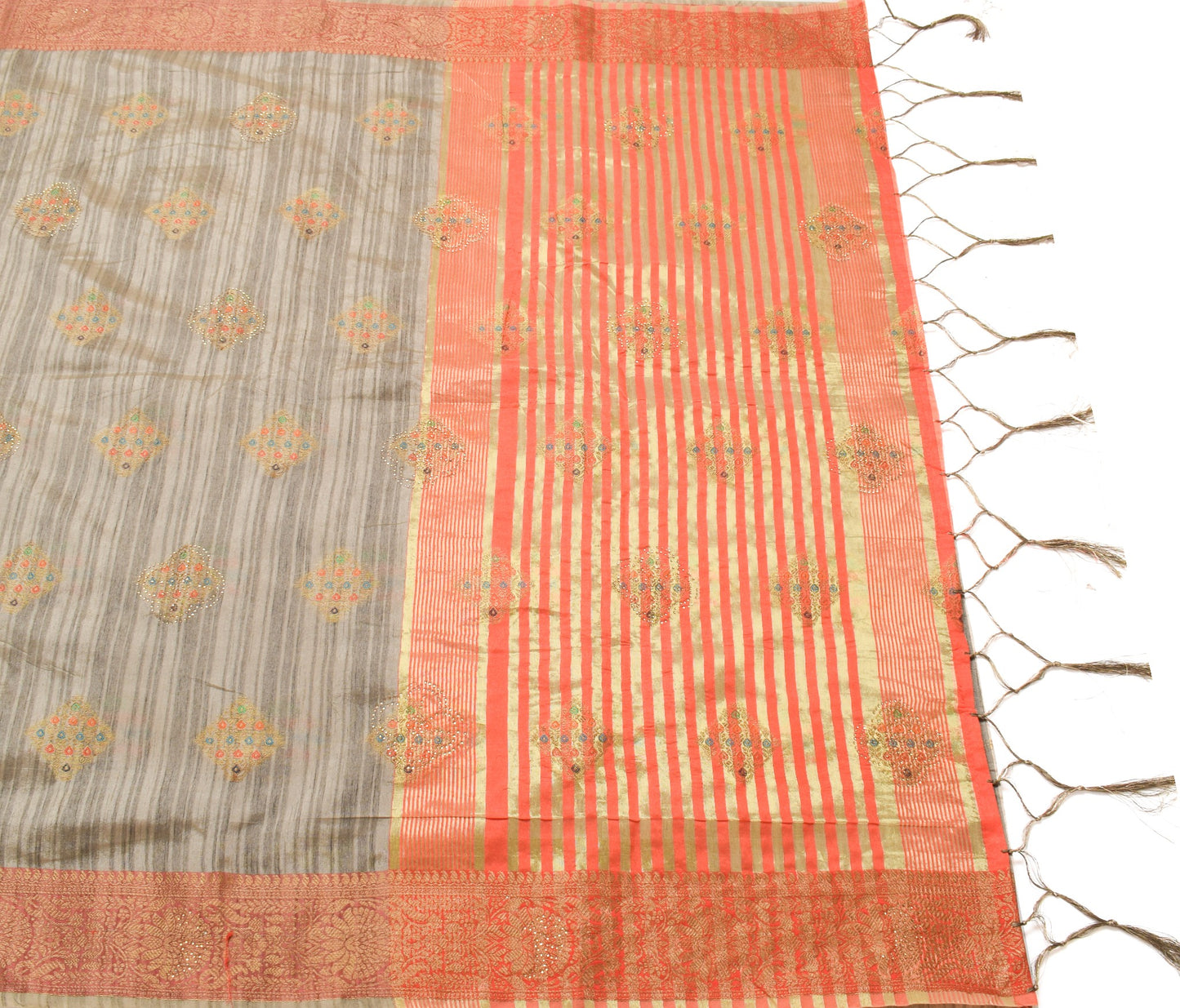 Sushila Vintage Gray Art Silk Saree Zari Woven With Stone Work Sari Craft Fabric