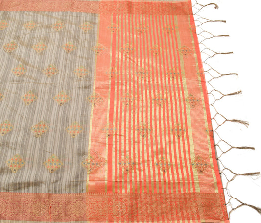 Sushila Vintage Gray Art Silk Saree Zari Woven With Stone Work Sari Craft Fabric