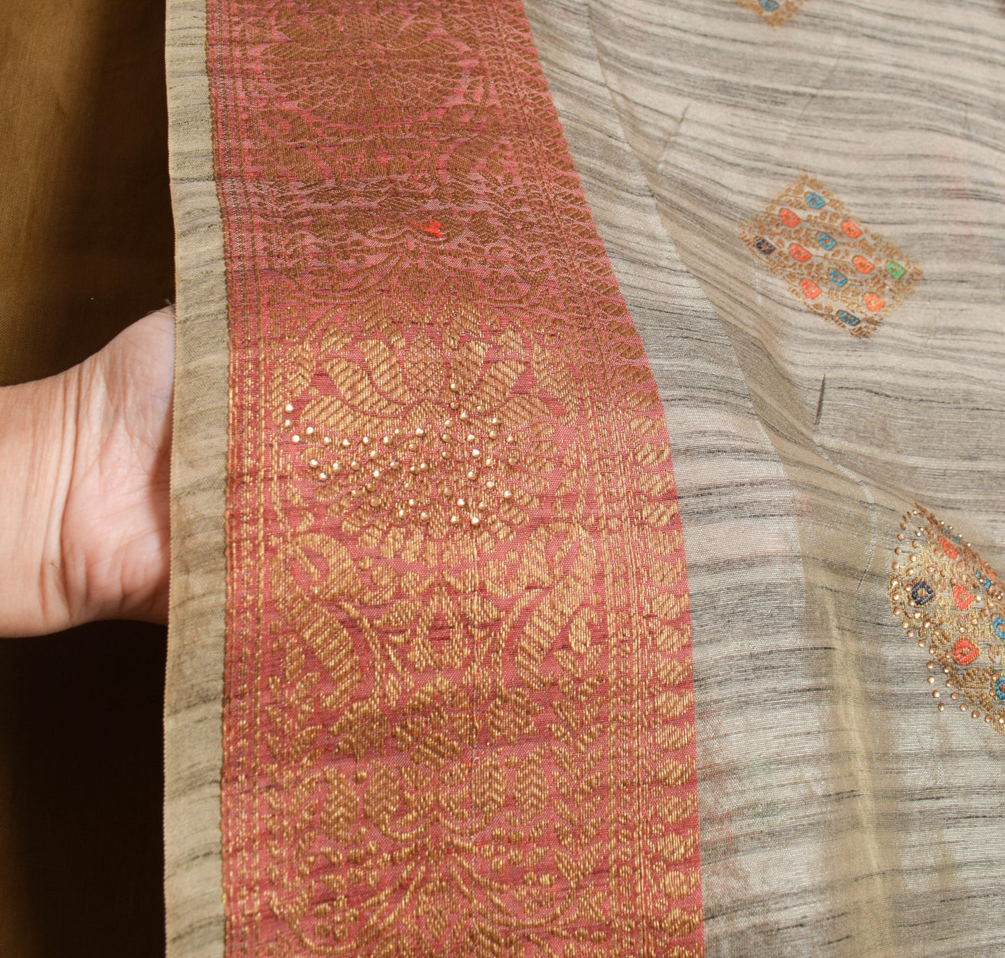 Sushila Vintage Gray Art Silk Saree Zari Woven With Stone Work Sari Craft Fabric