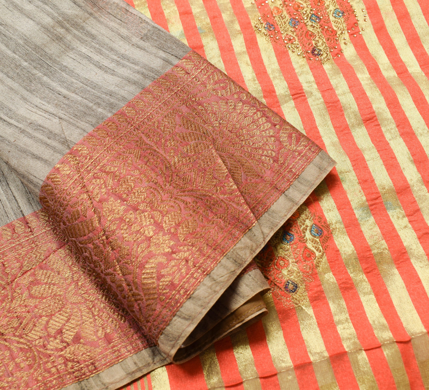 Sushila Vintage Gray Art Silk Saree Zari Woven With Stone Work Sari Craft Fabric