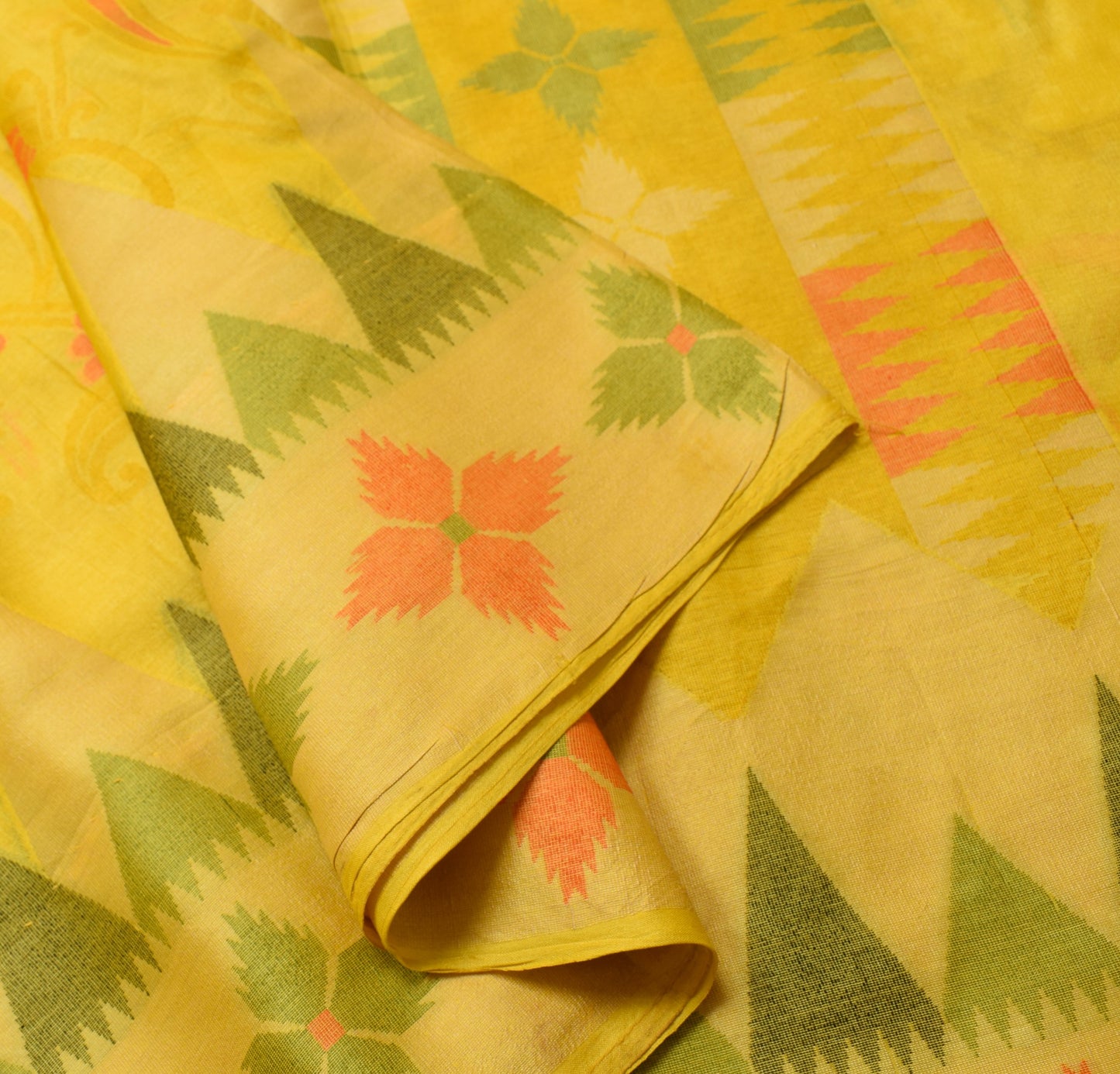 Sushila Vintage Yellow Geometrical Saree 100% Pure Tussar Silk Woven Sari Fabric