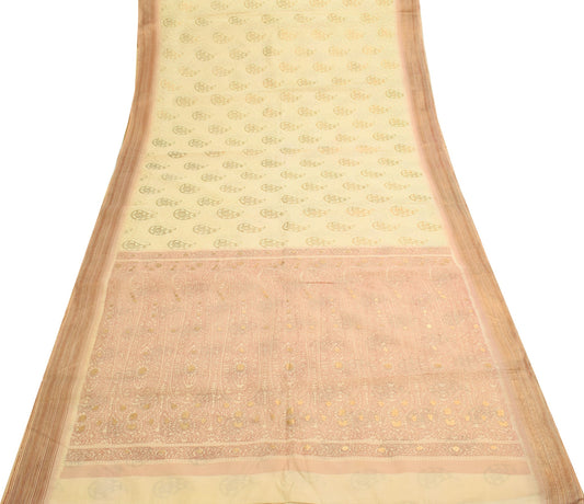 Sushila Vintage Cream Pure Cotton Saree Hand Block Printed Indian Sari Fabric