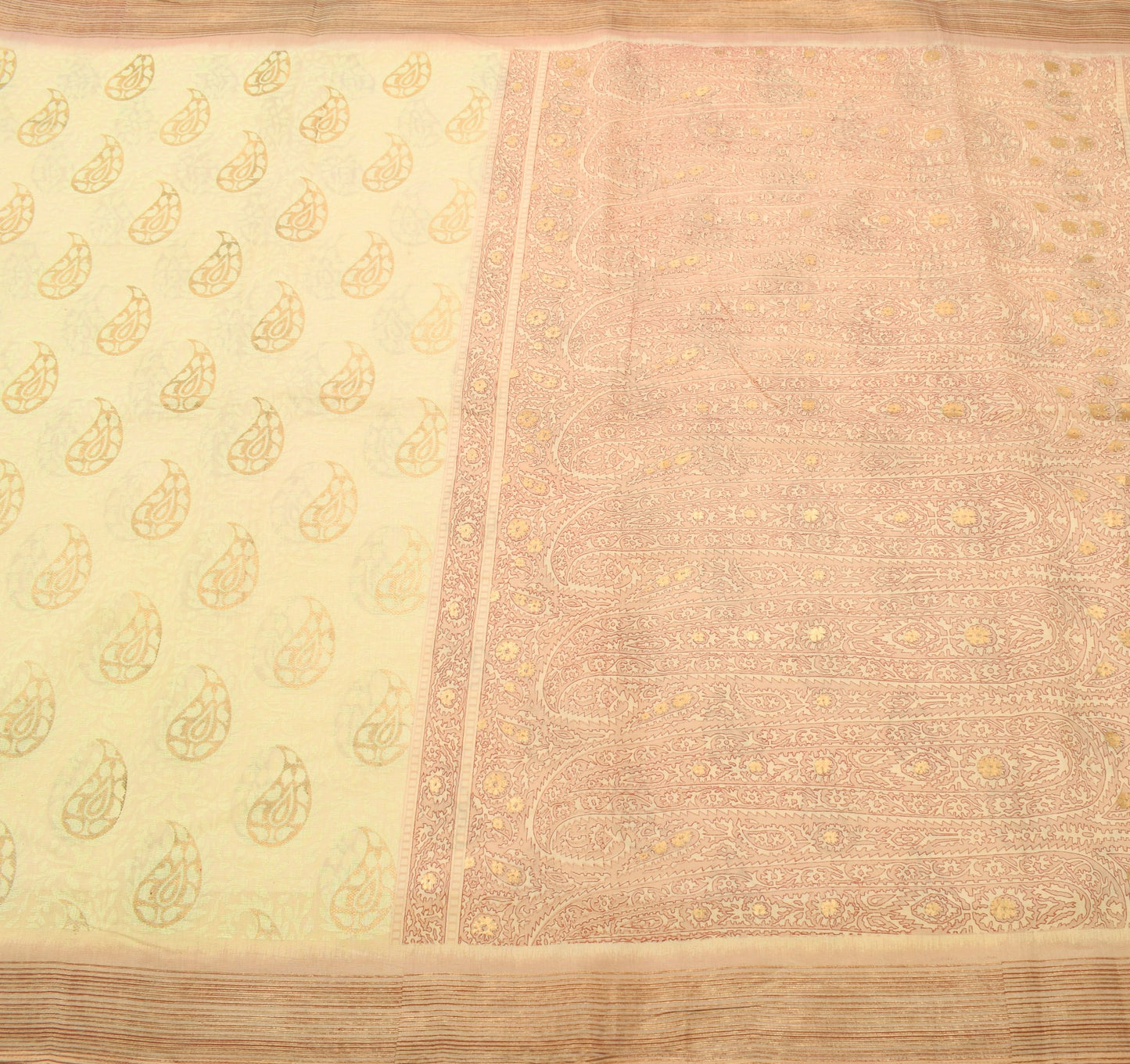 Sushila Vintage Cream Pure Cotton Saree Hand Block Printed Indian Sari Fabric