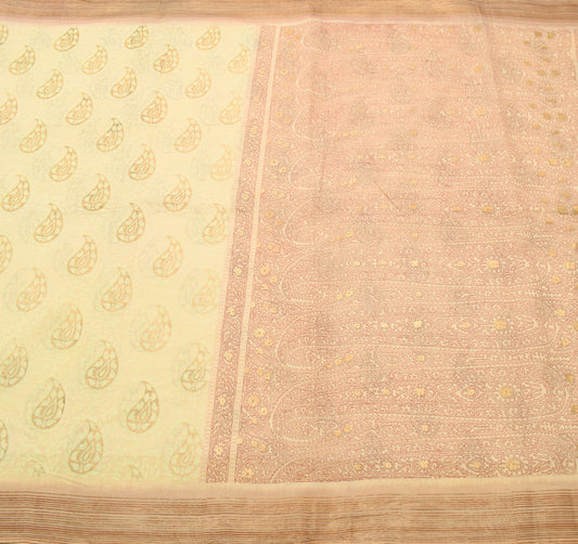 Sushila Vintage Cream Pure Cotton Saree Hand Block Printed Indian Sari Fabric