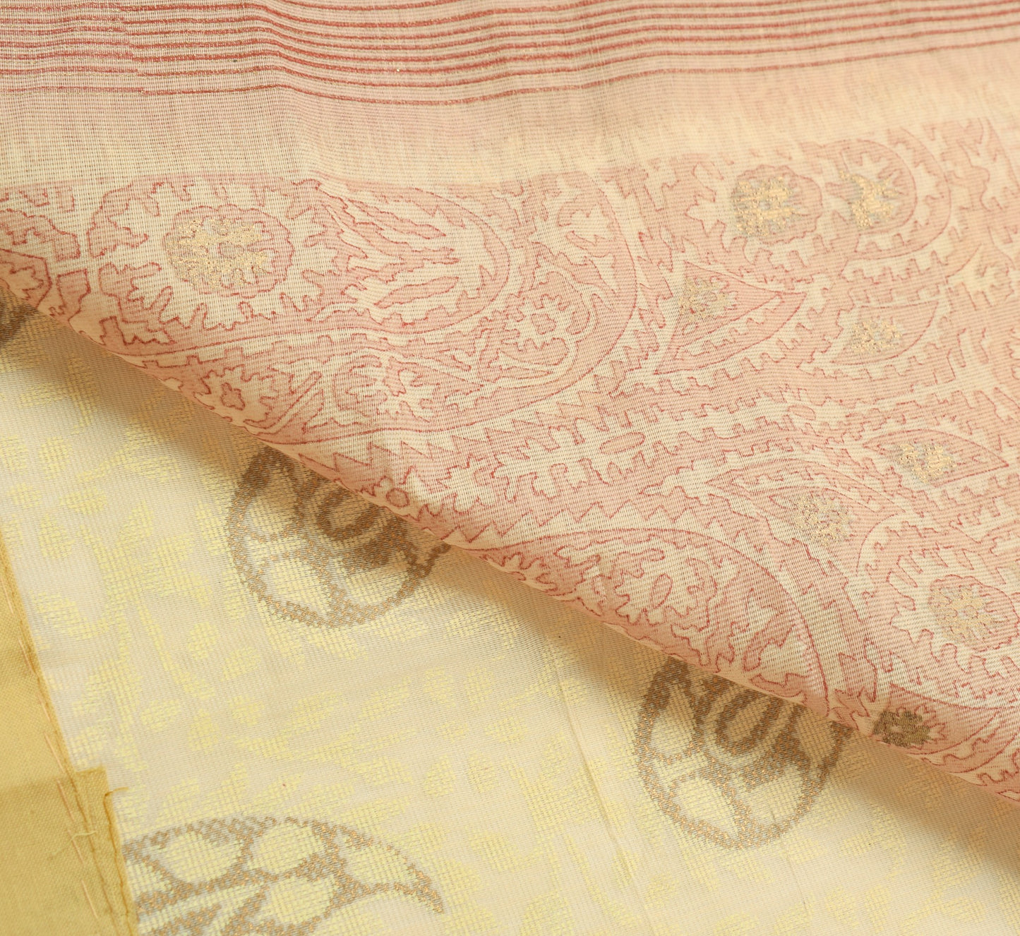 Sushila Vintage Cream Pure Cotton Saree Hand Block Printed Indian Sari Fabric