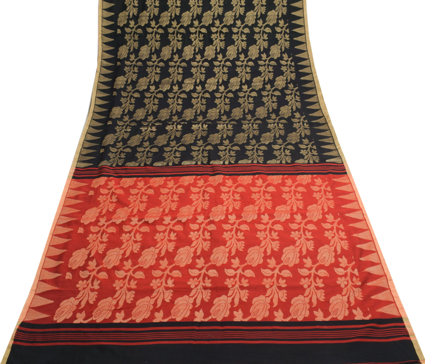Sushila Vintage Black Handloom Saree Art Cotton All Over Woven Soft Sari Fabric