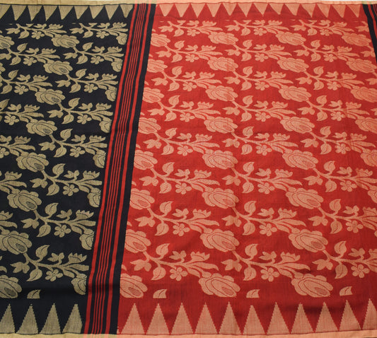 Sushila Vintage Black Handloom Saree Art Cotton All Over Woven Soft Sari Fabric