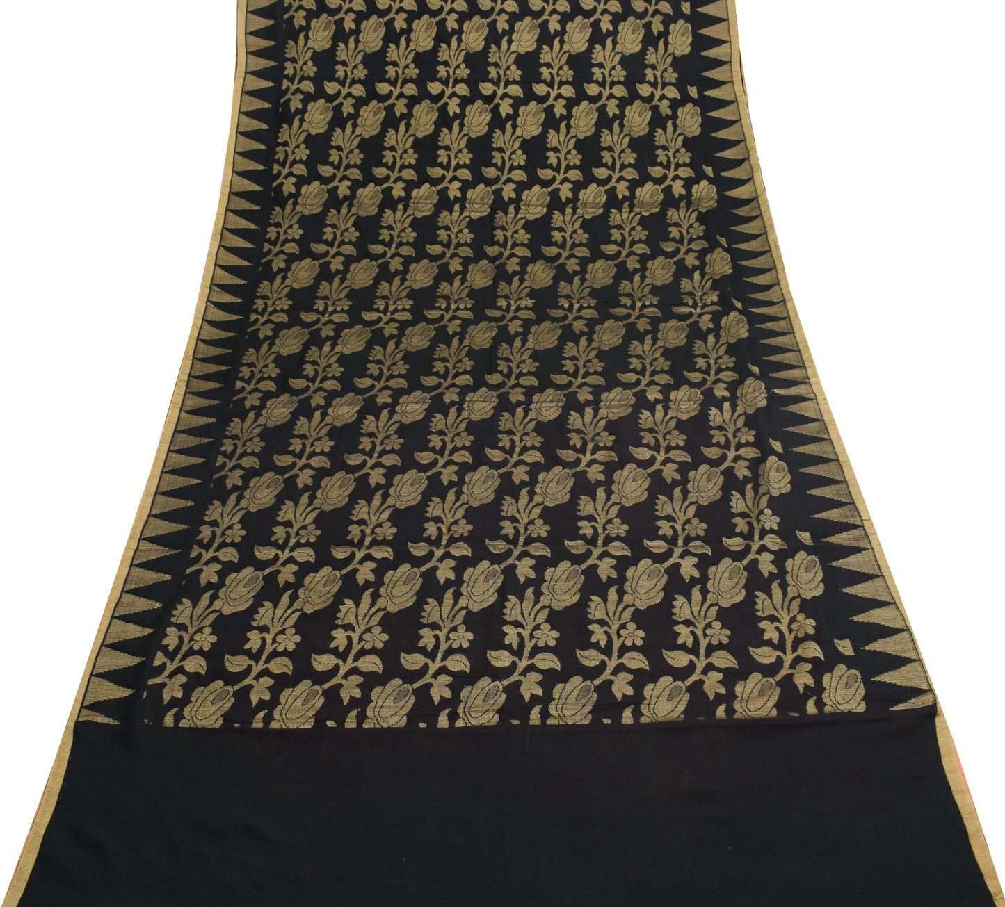 Sushila Vintage Black Handloom Saree Art Cotton All Over Woven Soft Sari Fabric
