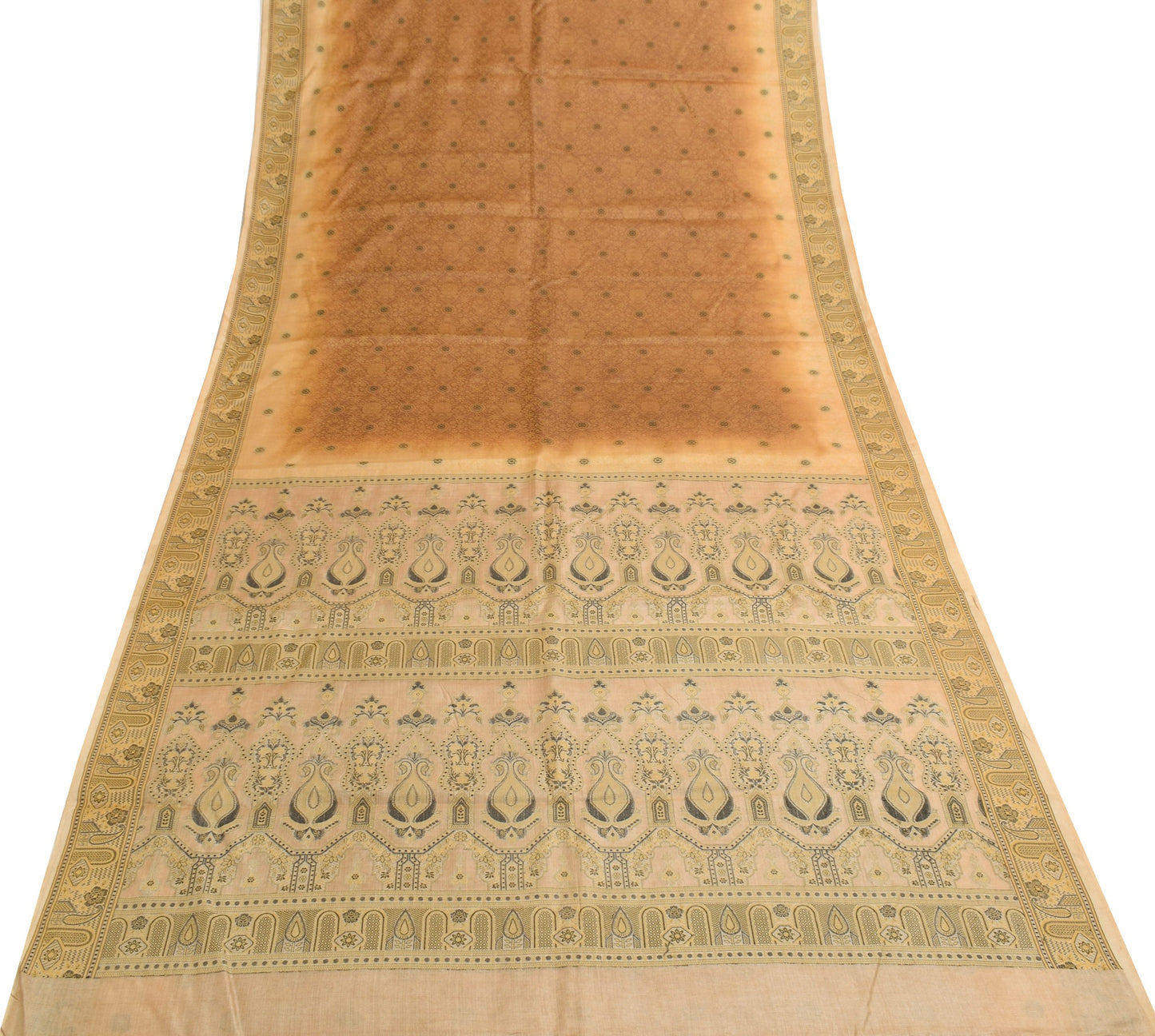 Sushila Vintage Brown Saree Pure Tussar Silk All Over Woven Floral Sari Fabric