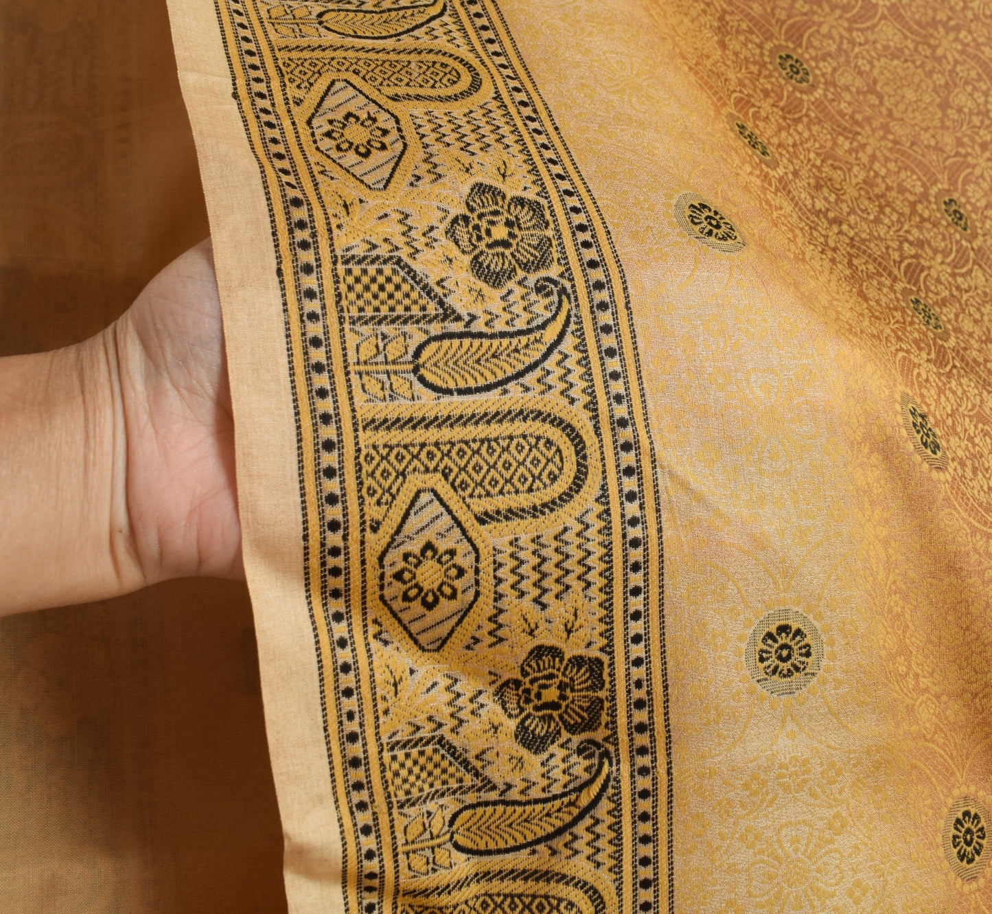 Sushila Vintage Brown Saree Pure Tussar Silk All Over Woven Floral Sari Fabric