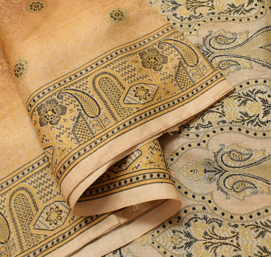 Sushila Vintage Brown Saree Pure Tussar Silk All Over Woven Floral Sari Fabric