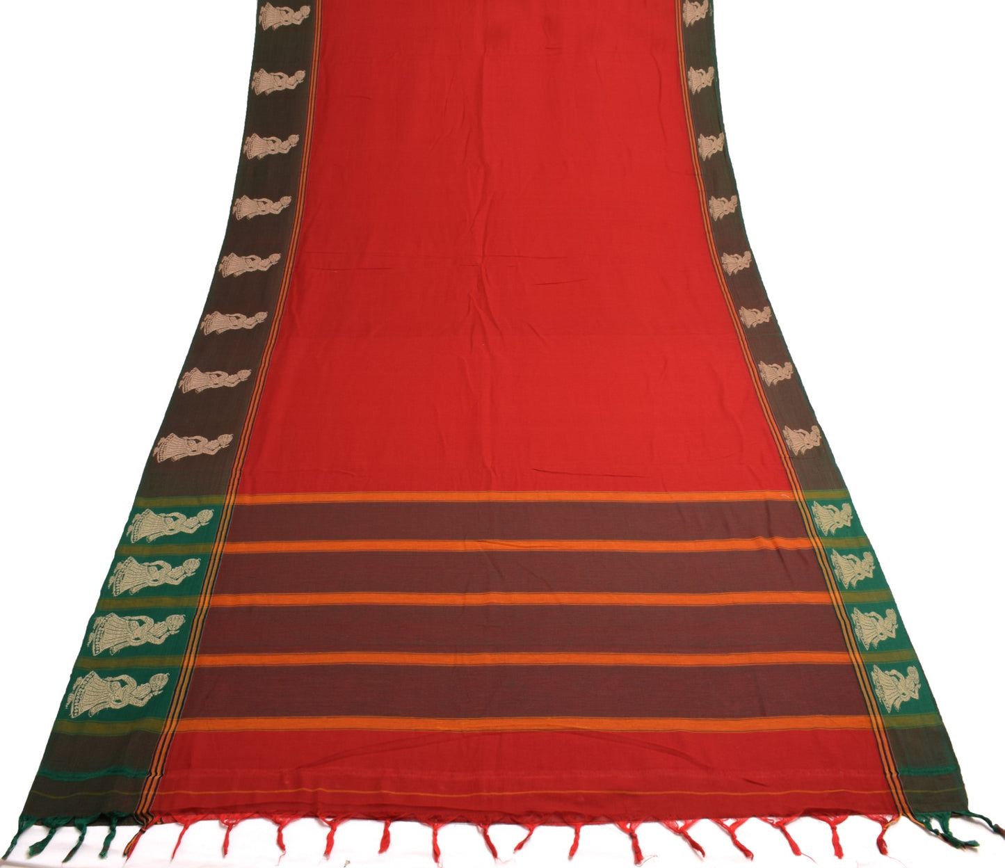Sushila Vintage Baluchari Woven Saree 100%Pure Cotton Red Soft Sari Craft Fabric