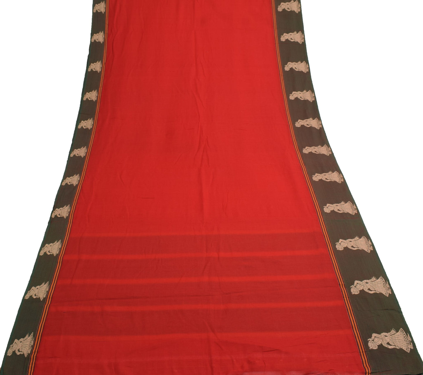 Sushila Vintage Baluchari Woven Saree 100%Pure Cotton Red Soft Sari Craft Fabric