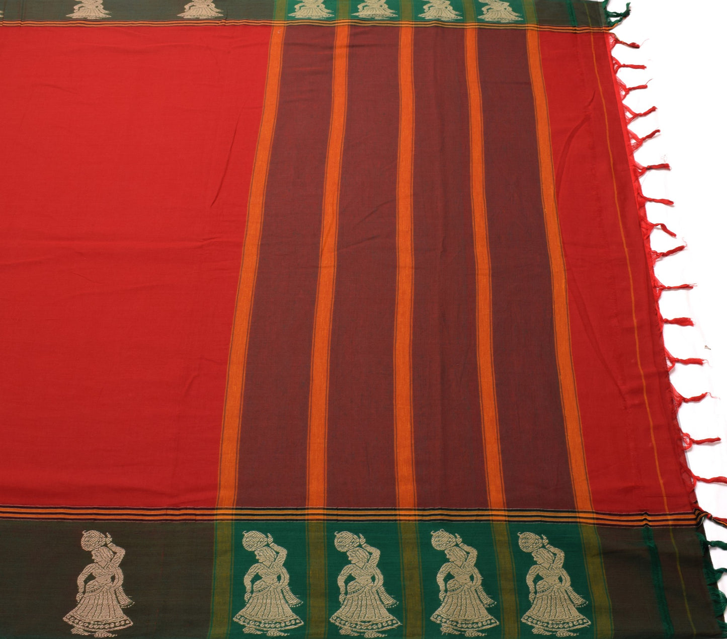 Sushila Vintage Baluchari Woven Saree 100%Pure Cotton Red Soft Sari Craft Fabric