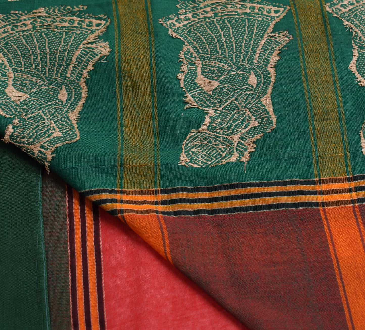 Sushila Vintage Baluchari Woven Saree 100%Pure Cotton Red Soft Sari Craft Fabric