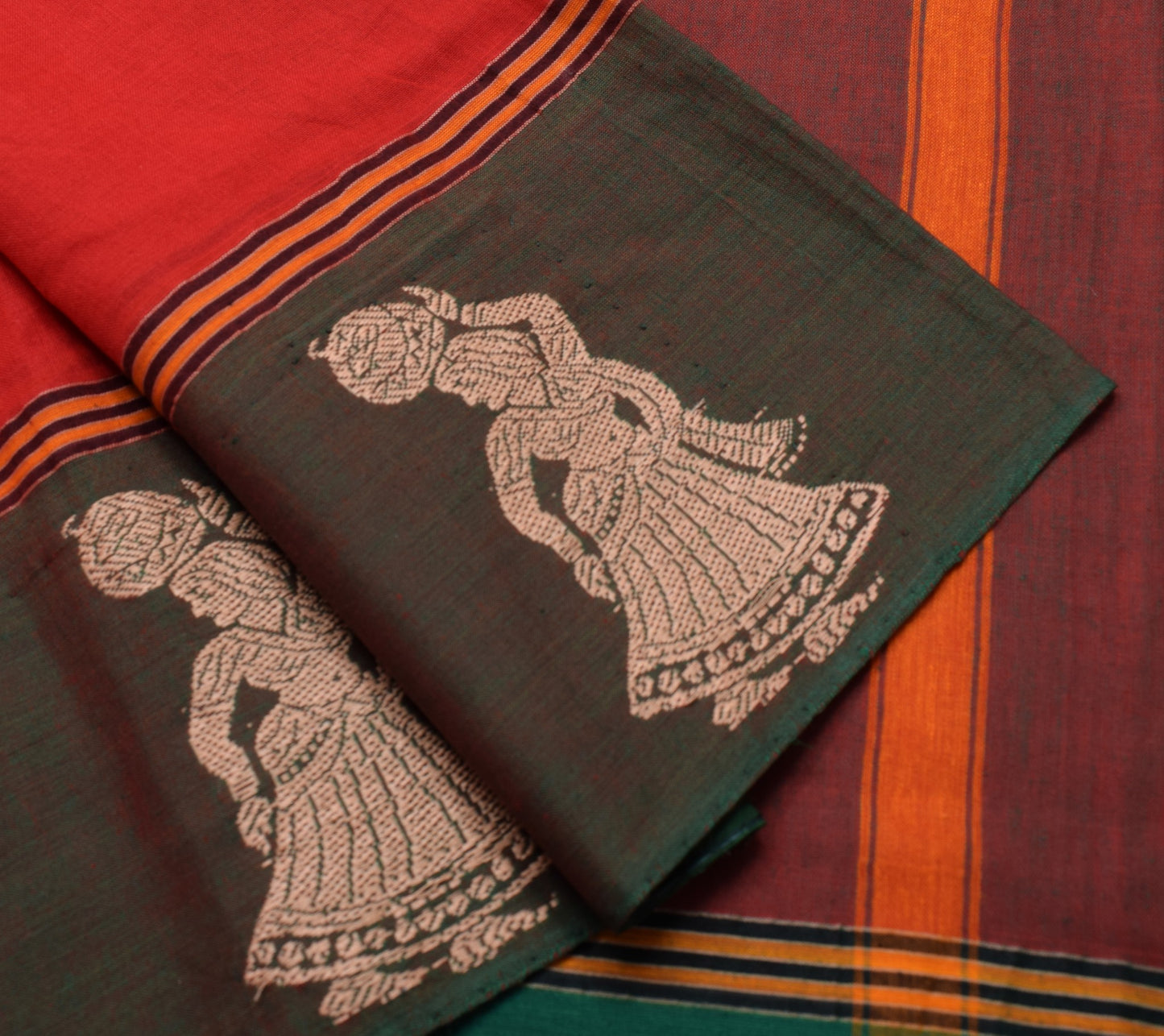 Sushila Vintage Baluchari Woven Saree 100%Pure Cotton Red Soft Sari Craft Fabric