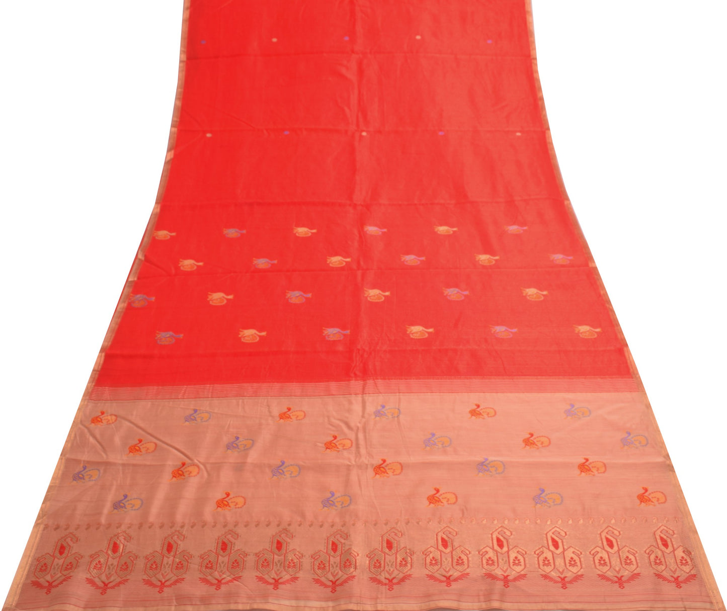 Sushila Vintage Red Traditional Saree Pure Cotton Peacock Woven Sari CraftFabric