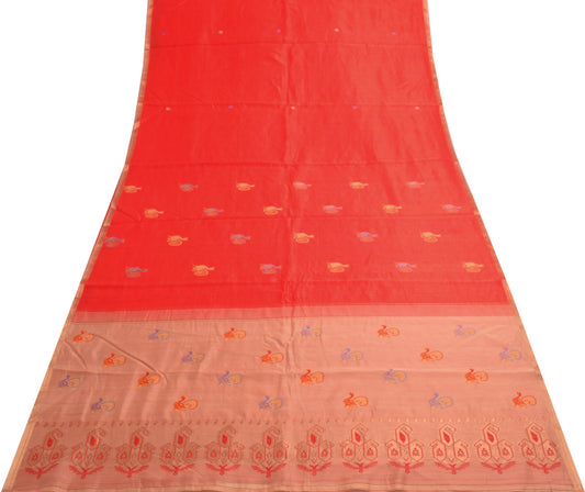 Sushila Vintage Red Traditional Saree Pure Cotton Peacock Woven Sari CraftFabric