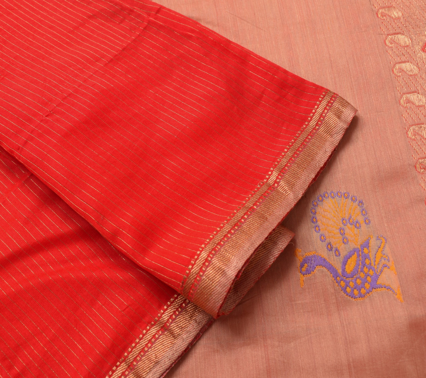 Sushila Vintage Red Traditional Saree Pure Cotton Peacock Woven Sari CraftFabric