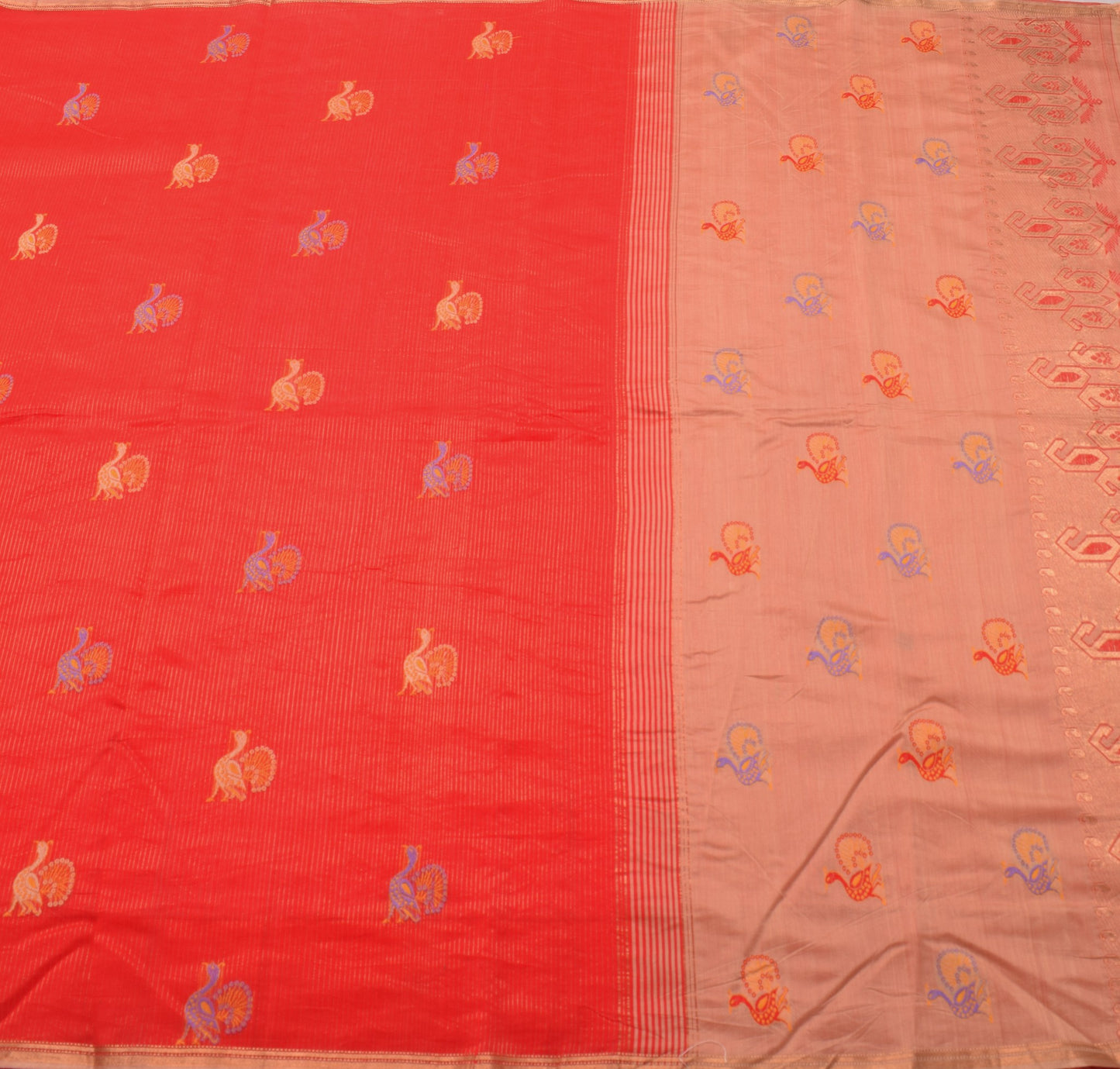 Sushila Vintage Red Traditional Saree Pure Cotton Peacock Woven Sari CraftFabric