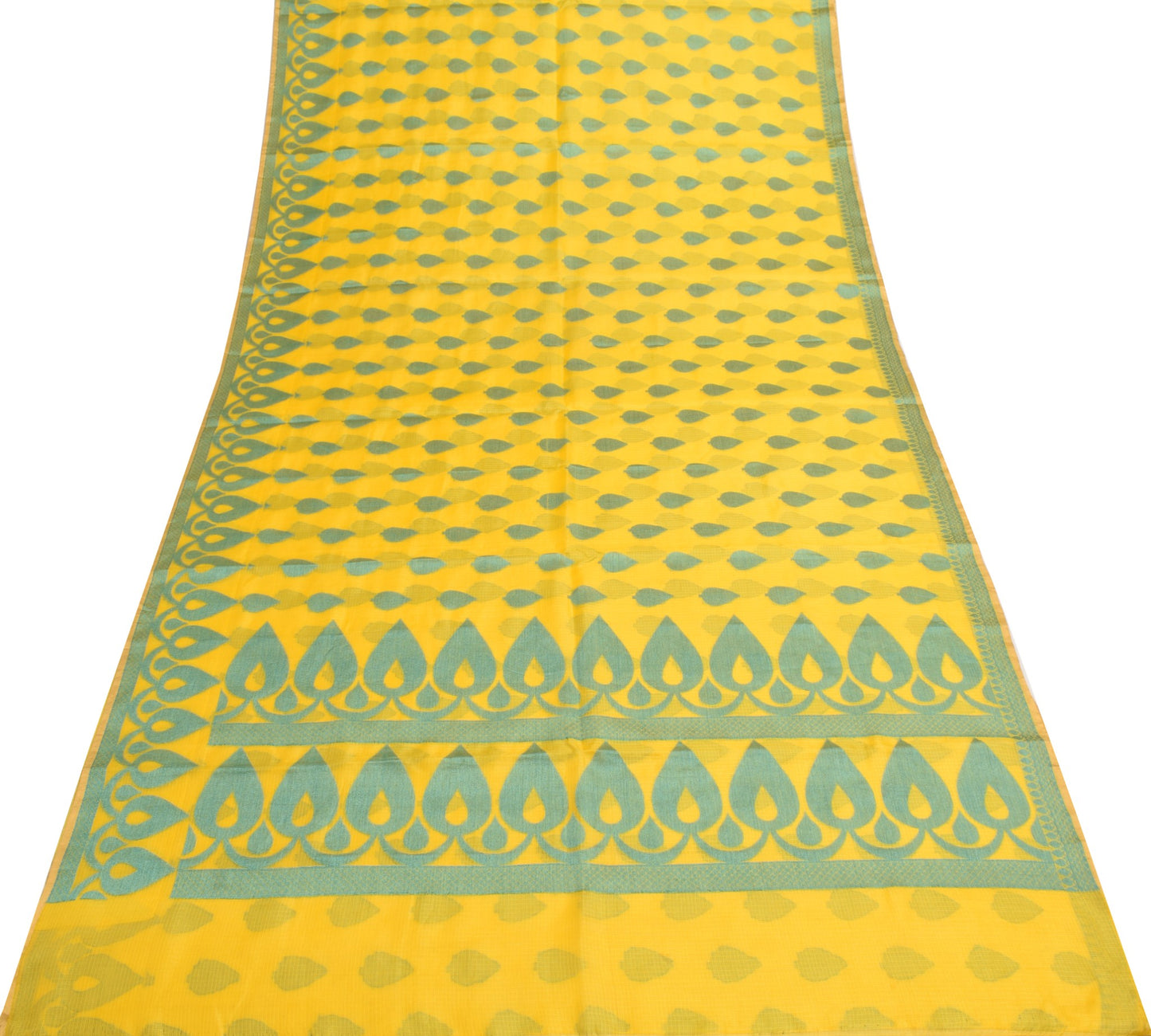 Sushila Vintage Yellow Kota Doria Saree Pure Silk Woven Floral 5YD Sari Fabric