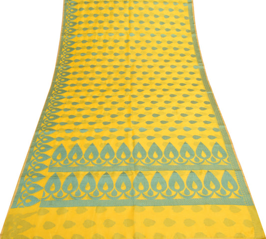 Sushila Vintage Yellow Kota Doria Saree Pure Silk Woven Floral 5YD Sari Fabric