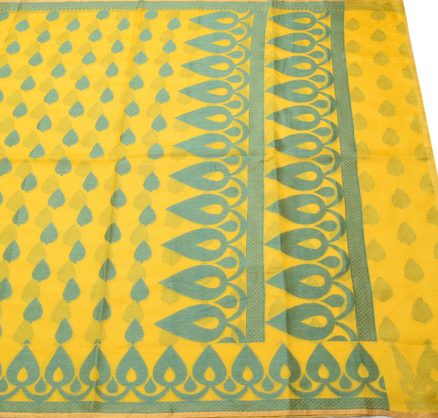 Sushila Vintage Yellow Kota Doria Saree Pure Silk Woven Floral 5YD Sari Fabric