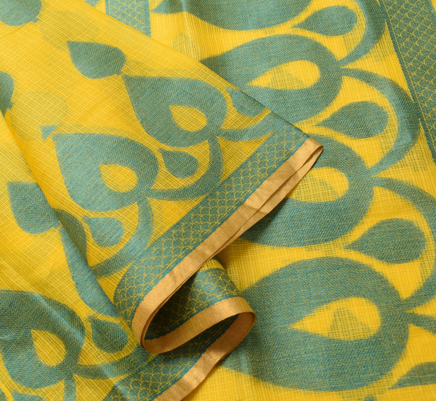 Sushila Vintage Yellow Kota Doria Saree Pure Silk Woven Floral 5YD Sari Fabric