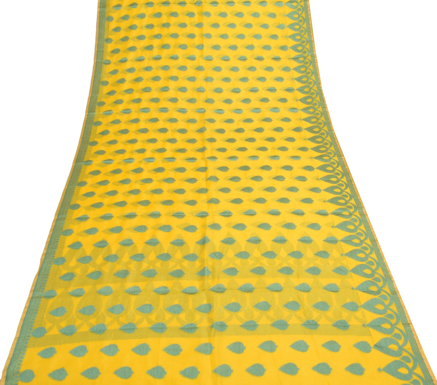 Sushila Vintage Yellow Kota Doria Saree Pure Silk Woven Floral 5YD Sari Fabric
