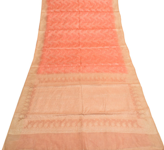 Sushila Vintage Dark Peach Saree Pure Tussar Silk Resahm Woven Sari Craft Fabric